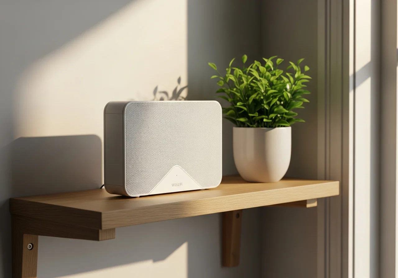 Minimalistisk wifi router på egetræshylde i sommerhus